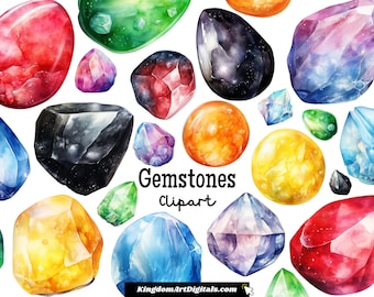 May include: Watercolor illustration of various gemstones in different colors and shapes, including red, green, blue, yellow, orange, purple, and black. The image is titled "Gemstones Clipart" and includes the website "KingdomArtDigitals.com".