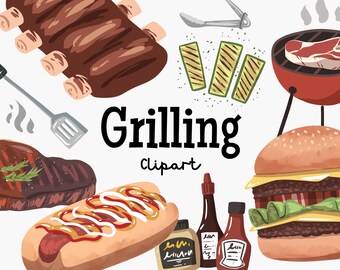 Grilling Clipart Set PNG | BBQ Party Barbecue Meat Picnic Hot Dogs Burger Summer Pool Food Illustration Digital Download Invitation Clip Art