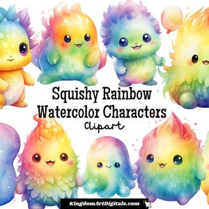 Squishy aquarelle personnages arc-en-ciel - Ensemble de cliparts mignons PNG | Adorable personnage fantaisie lumineux et ludique en téléchargement numérique Invitation Clip Art