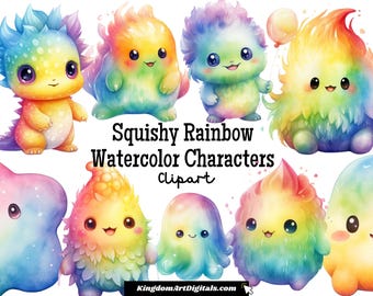Aquarel squishy regenboogkarakters-schattige clipartset png | Schattig speels helder fantasiekarakter digitale download uitnodigingsillustraties