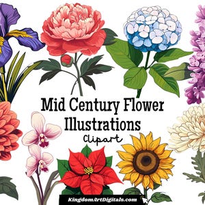Ensemble de cliparts d'illustrations de fleurs du milieu du siècle PNG | Art intemporel vintage fleurs Saint-Valentin en téléchargement numérique Invitation Clip Art
