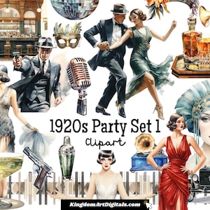 Ensemble de cliparts aquarelle fête des années 1920 PNG | Faire-part Illustrations vintage rétro classique du vieux Hollywood de Great Gatsby, jazz, Saint-Sylvestre
