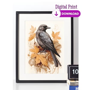 Aquarell Herbst Krähe Digital Druck PNG | Cottage Kern Raben Herbst Blätter Dekor Download Gothic Witchy Vogel Halloween Wald Wald
