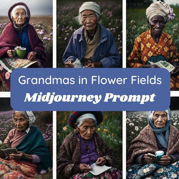 Midjourney Prompt - Portrait Photography of Grandmas in Flower Fields, Photograph wall art, AI generator, Moody Prompt engineering, Digital