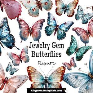 Set di clipart di farfalle gemme per gioielli PNG / Pietre preziose scintillanti, bellissimi insetti, invito, album di ritagli, download digitale, invito, clip art
