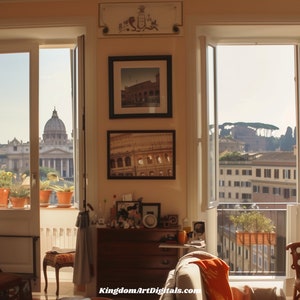 May include: A living room with two large windows overlooking the city of Rome. The windows are open and the view is bright and sunny. There are several framed pictures on the wall, including one of the Colosseum. There is a couch, a chair, and a table in the room.