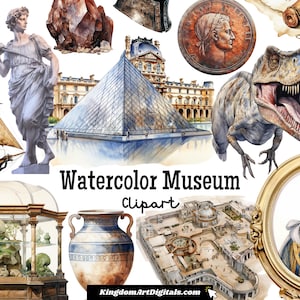 Set di clipart del museo dell'acquerello PNG / Architettura culturale Scultura storica Galleria d'arte Illustrazione Download digitale Invito Clip Art