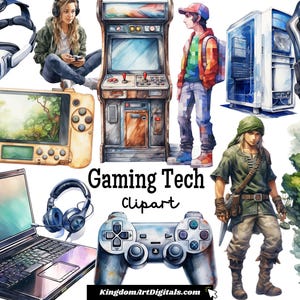 Puede incluir: Una ilustración digital de varios artículos de tecnología para juegos, que incluyen un auricular de realidad virtual, una consola de juegos portátil, un juego de arcade retro, una computadora portátil para juegos, una silla para juegos, un controlador y un personaje de un videojuego. La ilustración está en un estilo de acuarela.