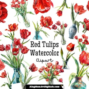 Conjunto de imágenes prediseñadas de tulipanes rojos en acuarela, flores frescas llamativas, decoraciones florales para bodas, cumpleaños, aniversarios, descarga digital, imágenes prediseñadas para invitaciones