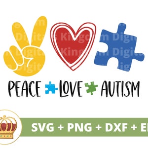 Paz Amor Autismo SVG / Conciencia del autismo svg, Autismo Mamá, Maestro, Sea amable, Pieza de rompecabezas, Camisa Taza Clipart Cricut Cortar Archivo PNG Sublimación