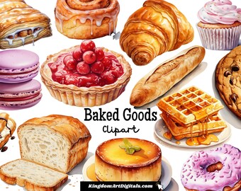 May include: A collection of baked goods, including a croissant, a cinnamon roll, a loaf of bread, a cherry pie, a cupcake with pink frosting, a chocolate chip cookie, a waffle with syrup, a donut with pink frosting, and two macarons. The image is titled "Baked Goods Clipart".