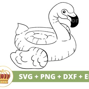 May include: A black and white line drawing of an inflatable flamingo pool float. The flamingo is facing the right side of the image. The float has a ring around the middle and a neck and head that are shaped like a flamingo.