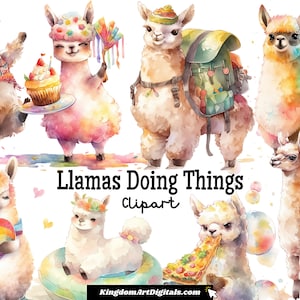 Ensemble de cliparts faisant des choses de lamas PNG | Illustrations créatives et divertissantes de lama amusantes et amusantes en téléchargement numérique Invitation clipart