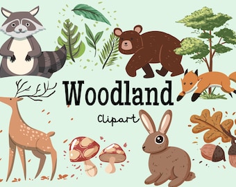 Woodland-clipartset | Digitale download, handgetekende illustraties, handgetekende bos, beer, vos, konijn, bomen