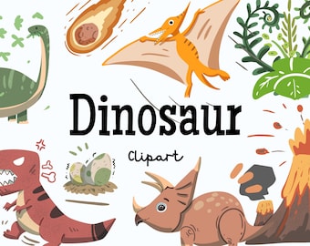 May include: A set of colorful cartoon dinosaur illustrations, including a green dinosaur, a red dinosaur, an orange dinosaur with wings, a brown dinosaur with three horns, a volcano, a meteor, and dinosaur eggs. The text "Dinosaur Clipart" is written in black letters.