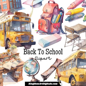Ensemble de cliparts pour la rentrée scolaire | Premier jour d'autobus scolaire sur le campus, livres et stylos, remise des diplômes, devoirs, étudiants enseignants numérique PNG Bundle Clip Art
