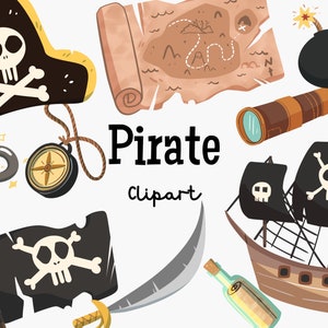 Piraten-Clipart-Set PNG | Piraten Party Einladungen, Geburtstag Schwarzes Schiff, Schatzkarte Aufkleber Nautische Illustration Digitaler Download ClipArt