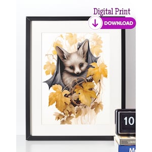 May include: A digital print of a fox with bat wings, nestled in a vine of autumn leaves. The fox has a white face and a gray body. The leaves are a warm yellow color.