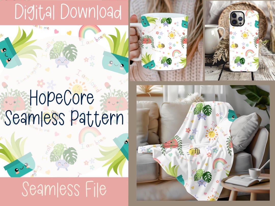 Hopecore Seamless Pattern Kawaii Plants & Positive Affirmations