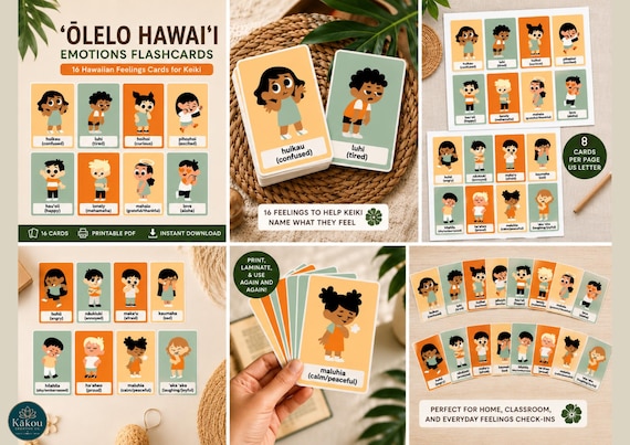 Emotions Flashcards Preschool | Feelings Cards Printable | ʻŌlelo Hawaiʻi Hawaiian Language SEL | Calm Corner Homeschool Classroom