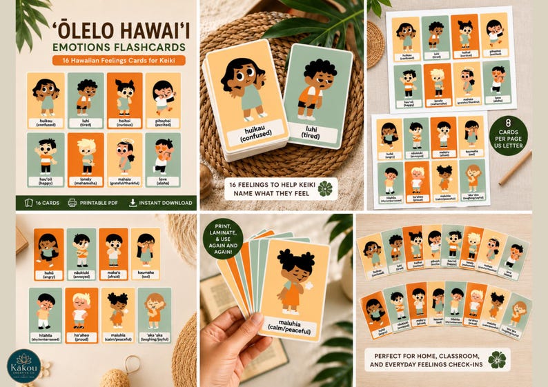 K&ouml;nnte beinhalten: Lernkarten mit 16 hawaiianischen Emotionen f&uuml;r Kinder, mit Illustrationen von Figuren, die Gef&uuml;hle wie Verwirrung und M&uuml;digkeit zeigen. Geeignet f&uuml;r den Einsatz zu Hause, im Klassenzimmer und f&uuml;r t&auml;gliche Gef&uuml;hlskontrollen.