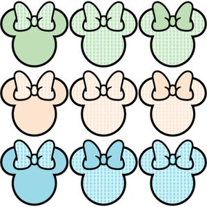 Könnte beinhalten: Neun druckbare Bilder eines Comic-Mauskopfes mit Schleife. Die Mausköpfe sind in drei verschiedenen Farben: grün, pfirsich und blau. Jede Farbe hat ein Gingham-Muster.