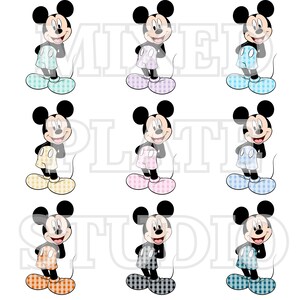 May include: Nine cartoon images of Mickey Mouse in various pastel colors. Each character is wearing checkered shorts and shoes. The images are arranged in a grid pattern, with each Mickey Mouse character in a different color scheme.