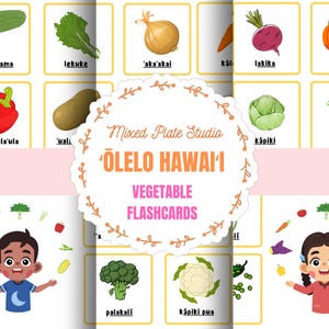 Könnte beinhalten: Farbige Karteikarten mit hawaiianischen Gemüsesorten und ihren Namen auf Hawaiianisch. Die Karteikarten sind in einem Raster angeordnet mit einem Titel, der "ÕLELO HAWAI'I VEGETABLE FLASHCARDS" lautet.