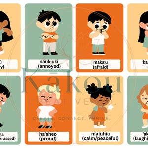 K&ouml;nnte beinhalten: Acht illustrierte Karten, die verschiedene Emotionen darstellen, jede mit einem fremdsprachigen Wort und englischer &Uuml;bersetzung. Die Emotionen umfassen Wut, &Auml;rger, Angst, Traurigkeit, Sch&uuml;chternheit, Stolz, Ruhe und Freude. Die Karten haben ein farbenfrohes Design.