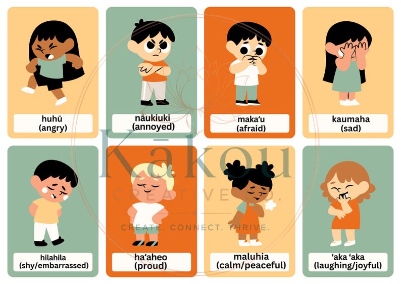 K&ouml;nnte beinhalten: Acht illustrierte Karten, die verschiedene Emotionen darstellen, jede mit einem fremdsprachigen Wort und englischer &Uuml;bersetzung. Die Emotionen umfassen Wut, &Auml;rger, Angst, Traurigkeit, Sch&uuml;chternheit, Stolz, Ruhe und Freude. Die Karten haben ein farbenfrohes Design.
