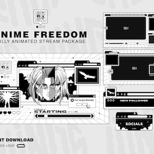 Anime Animated Stream Package / Anime Freedom / Twitch Overlay Lofi / Twitch Overlay Anime, Screens, Transition, Alerts, Panel