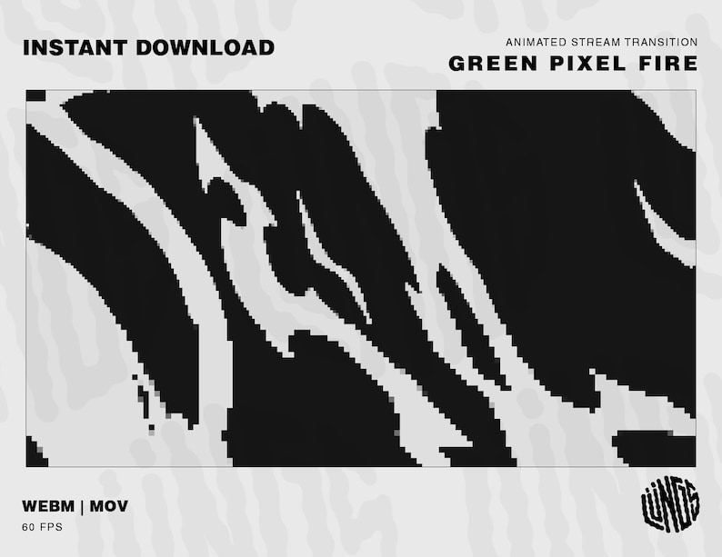 Puede incluir: Efecto de transici&oacute;n de flujo de fuego de p&iacute;xeles verde animado. El efecto es en blanco y negro y parece un fuego pixelado. El texto "GREEN PIXEL FIRE" est&aacute; en la parte superior de la imagen. El texto "INSTANT DOWNLOAD" est&aacute; en la parte superior izquierda de la imagen. El texto "WEBM | MOV" est&aacute; en la parte inferior izquierda de la imagen. El texto "60 FPS" est&aacute; debajo del texto "WEBM | MOV".