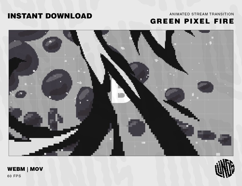 Puede incluir: Transici&oacute;n animada de flujo con un efecto de fuego pixelado verde. El fuego se representa como una imagen pixelada en blanco y negro con un dise&ntilde;o abstracto en espiral. El texto "GREEN PIXEL FIRE" se muestra encima de la imagen.