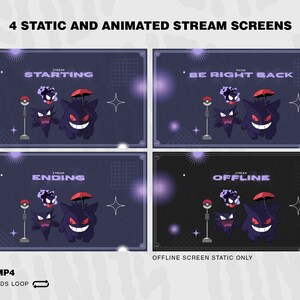 May include: Four animated stream screens featuring a purple and black background with a grid pattern. The screens feature a group of three cartoon ghost characters with a red umbrella. The text on the screens reads "Starting", "Ending", "Be Right Back", and "Offline".