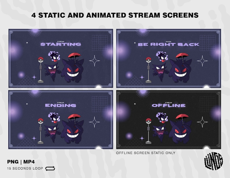May include: Four animated stream screens featuring a purple and black background with a grid pattern. The screens feature a group of three cartoon ghost characters with a red umbrella. The text on the screens reads "Starting", "Ending", "Be Right Back", and "Offline".