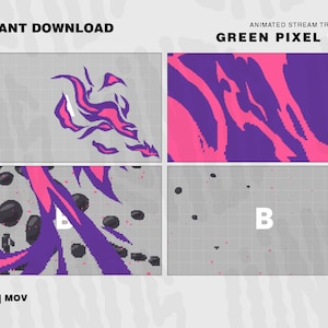 Puede incluir: Transición animada de flujo con un efecto de fuego pixelado verde. El fuego se representa en un estilo pixelado con colores rosa y morado. El texto "GREEN PIXEL FIRE" se muestra en la parte superior de la imagen.