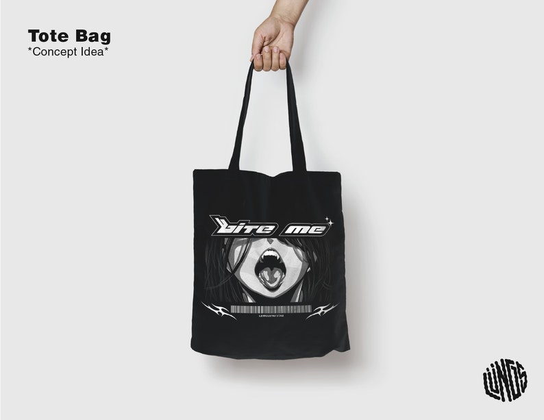 May include: Black tote bag with a white graphic of a woman's face with the text "bite me" in white letters.