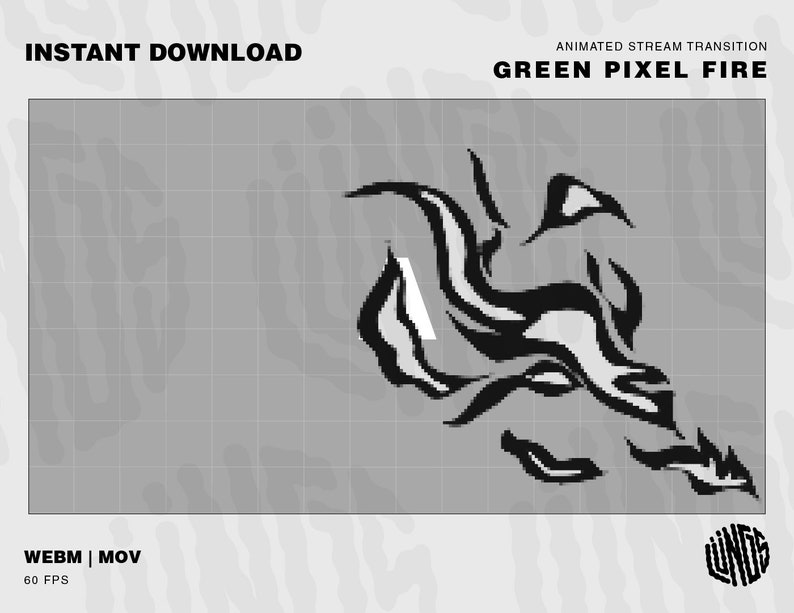Puede incluir: Efecto de transici&oacute;n animado de fuego de p&iacute;xeles verde. El efecto es en blanco y negro con un estilo pixelado. El texto "GREEN PIXEL FIRE" est&aacute; en la parte superior de la imagen. El texto "INSTANT DOWNLOAD" est&aacute; en la parte superior izquierda de la imagen. El texto "WEBM | MOV 60 FPS" est&aacute; en la parte inferior izquierda de la imagen.