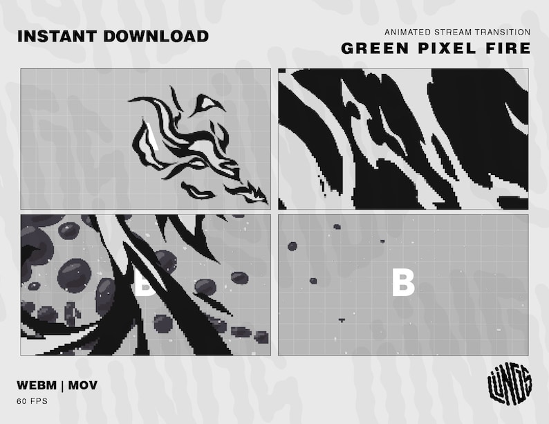 Puede incluir: Transici&oacute;n animada de flujo con un efecto de fuego pixelado verde. La transici&oacute;n se muestra en cuatro cuadros, con el fuego movi&eacute;ndose de izquierda a derecha. El texto "GREEN PIXEL FIRE" se muestra en la parte superior de la imagen.