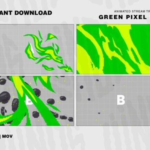 Puede incluir: Efecto de transición animado de fuego de píxeles verdes. El efecto se muestra en cuatro etapas de animación diferentes. El texto "GREEN PIXEL FIRE" está en la parte superior de la imagen. El texto "INSTANT DOWNLOAD" está en la parte superior izquierda de la imagen. El texto "WEBM | MOV" está en la parte inferior izquierda de la imagen. El texto "60 FPS" está debajo del texto "WEBM | MOV".