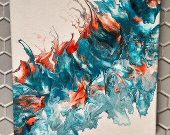 May include: Abstract painting with swirling blue, white, and orange colors. The colors blend together to create a dynamic and fluid design.