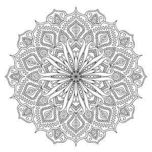 K&ouml;nnte beinhalten: Ein kompliziertes Mandala-Design in Schwarzwei&szlig; mit einem kreisf&ouml;rmigen Muster aus sich wiederholenden Formen und Linien.