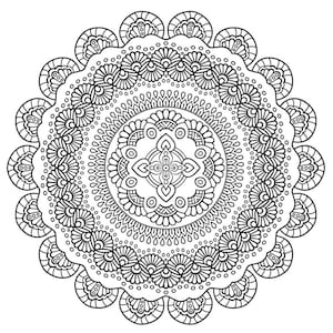 K&ouml;nnte beinhalten: Schwarz-wei&szlig;es Mandala-Design mit filigranen Details und kreisf&ouml;rmigen Mustern. Das Design zeigt eine zentrale Blume mit vier Bl&uuml;tenbl&auml;ttern und mehreren Schichten geometrischer Formen.