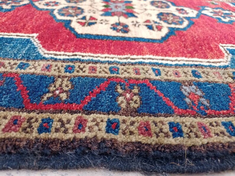 For New Home 1.9x2.9 feet Handmade Small Carpet Turkish Vintage Small Rug Wool Decor Rug Red Blue Rug Doormat Rug