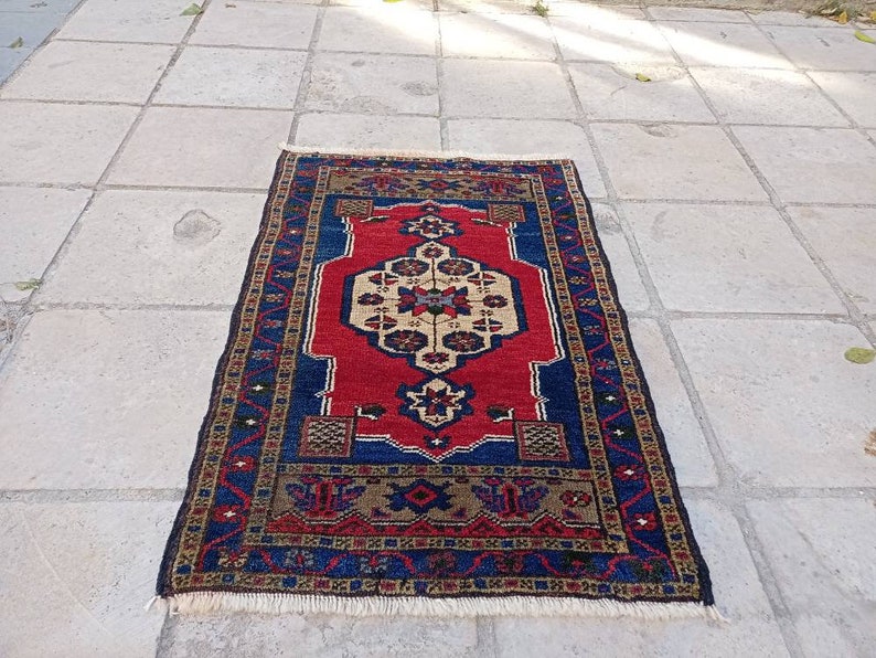 For New Home 1.9x2.9 feet Handmade Small Carpet Turkish Vintage Small Rug Wool Decor Rug Red Blue Rug Doormat Rug