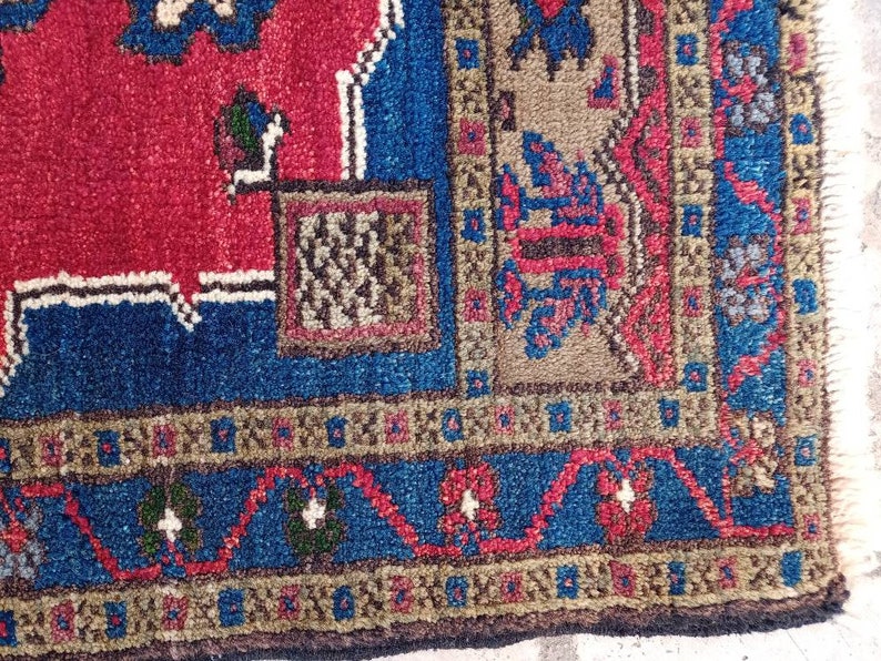 For New Home 1.9x2.9 feet Handmade Small Carpet Turkish Vintage Small Rug Wool Decor Rug Red Blue Rug Doormat Rug