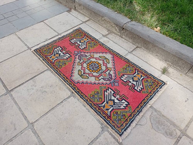 Handmade Rug Decor Rug Home Rug Floor Rug Boho Rug Bathroom Rug DECORAT\u0130ON !! Turkish Rug Small Rug Vintage Rug Red Rug 3.2x1.7 FT !