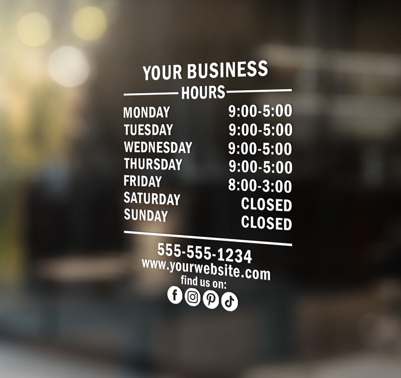 Store Hours Vinyl Decal Business Hours Decal for Storefront Etsy