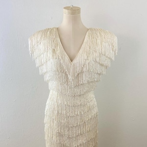 Vintage 80s Beige Tassel Flapper Dress, Mid-Length Rehearsal Gown