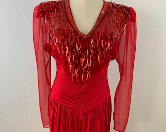 Vintage 80s Fire Red Embellished Upper Body Long Puffy Sleeves Evening Gown Pantsuits-jumpsuits By Karen Ok
